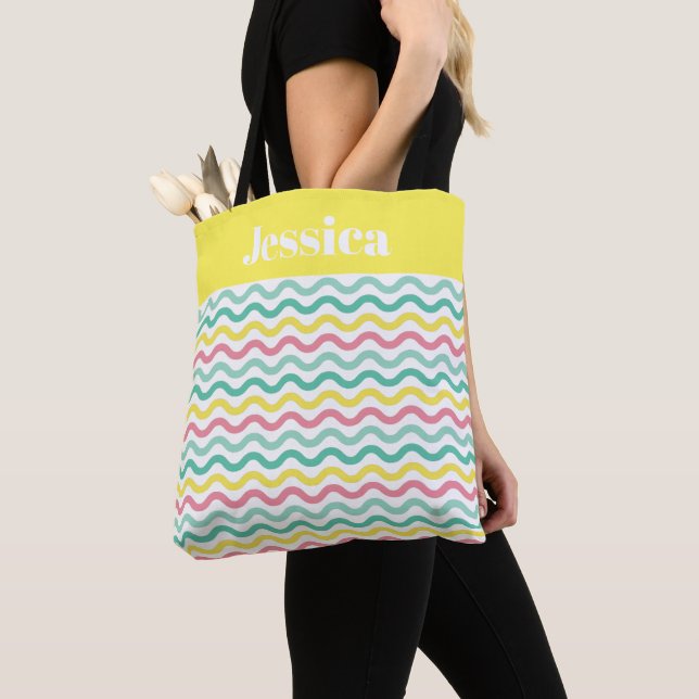 Bright Colourful Wavy Pattern Personalised Tote Bag (Close Up)