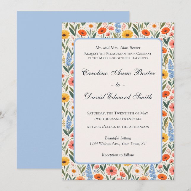 Bright Colourful Wildflowers Wedding Invitation (Front/Back)
