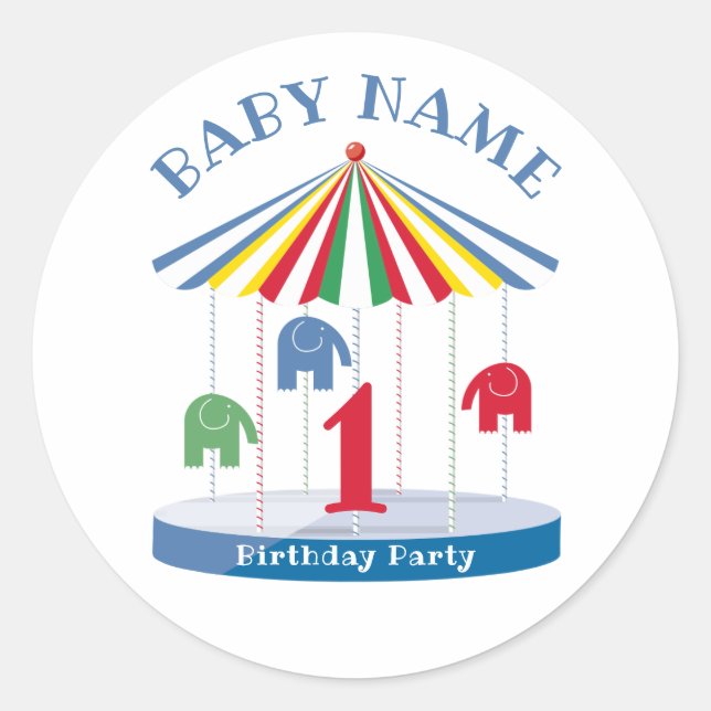 Bright Colours Elephant Carousel 1st Party Classic Round Sticker (Front)