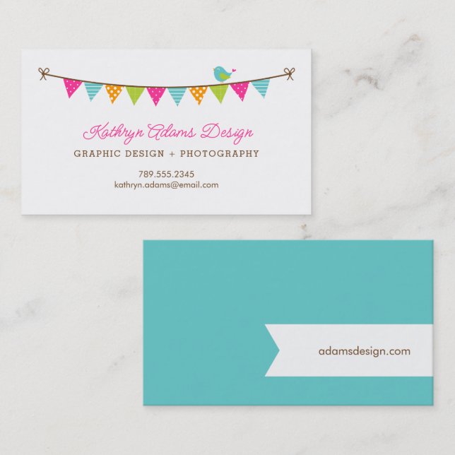Bright Colours Patterned Bunting and Cute Bird Business Card (Front/Back)