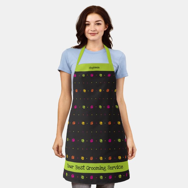 Bright Colours Paw Print Animal Worker Black Apron (Worn)