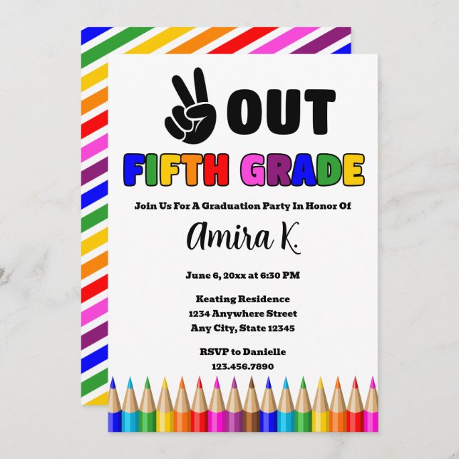 Bright Colours Peace Out 5th Grade Graduation Part Invitation (Front/Back)