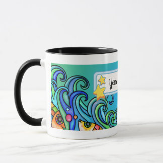 Bright Colours, Waves - Fish Doodles, Personalise  Mug