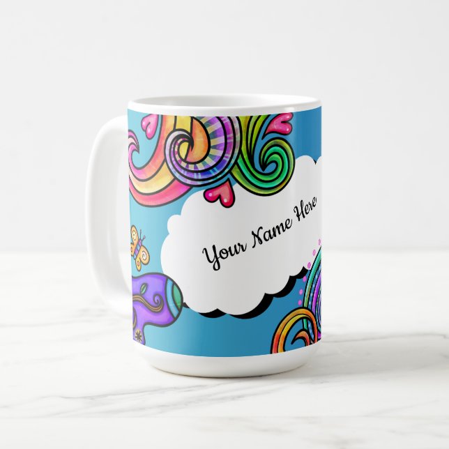 Bright Colours, Whimsical Doodles, Personalizable Coffee Mug (Front Left)