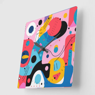 Bright colours whimsical shapes modern geometric square wall clock