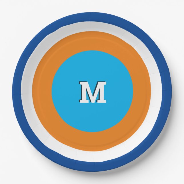 Bright Concentric Circles Monogrammed Geometric Paper Plate (Front)