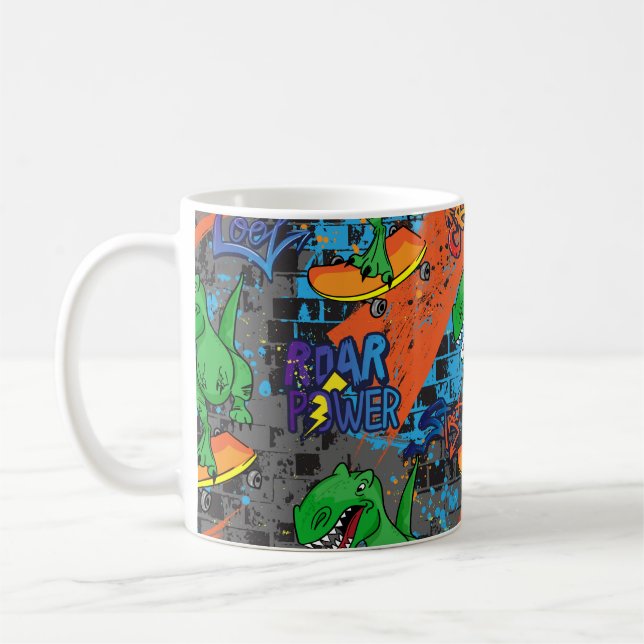 Bright cool seamless pattern with dinosaur on a sk coffee mug (Left)