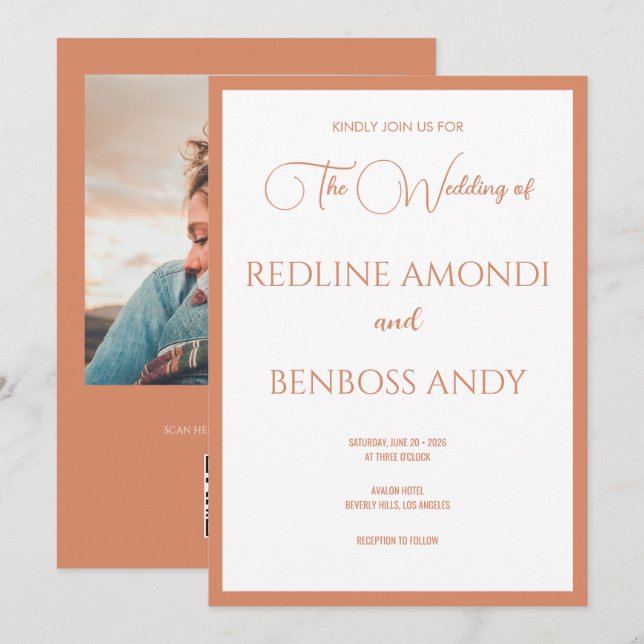 Bright Copper Elegant  Modern Calligraphy Wedding Invitation (Front/Back)