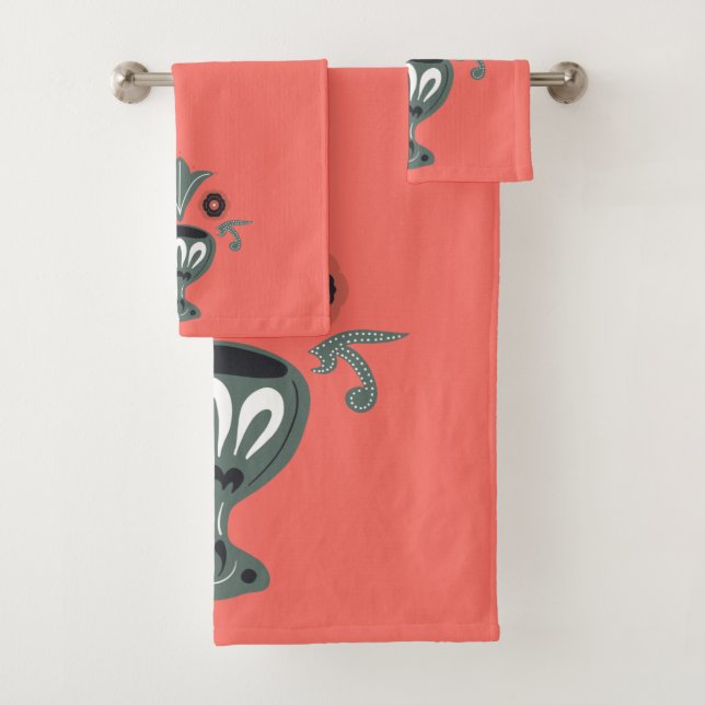 Bright Coral and Scandinavian Pattern Bath Towel Set (Insitu)