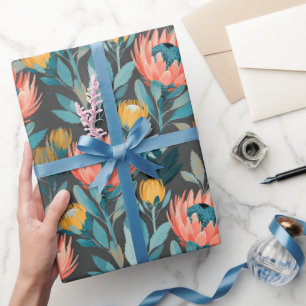 Bright Coral and Teal Protea Florals Wrapping Paper