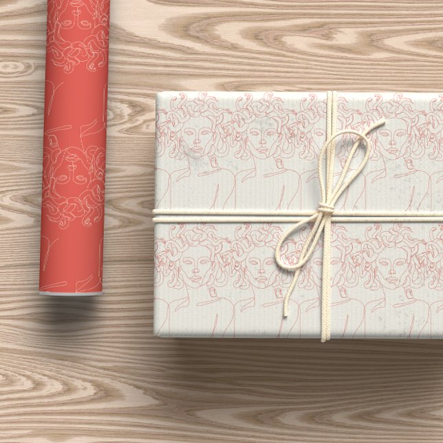 Bright Coral & Cream Medusa Line Art Wrapping Paper Sheet (Creator Uploaded)
