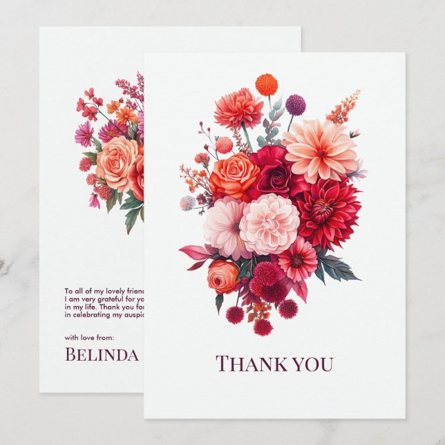 Bright Coral & Fuchsia Floral Bouquet Thank You Card (Front/Back)
