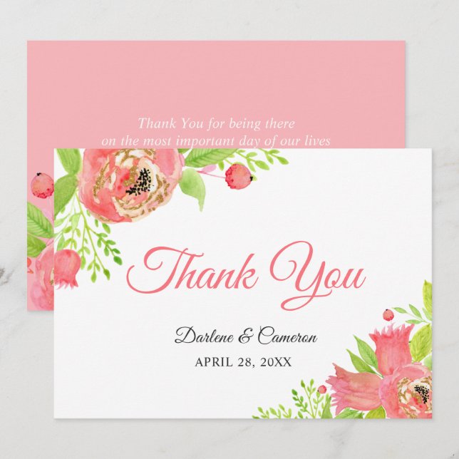 Bright Coral Pink Botanical Garden Thank You Card (Front/Back)