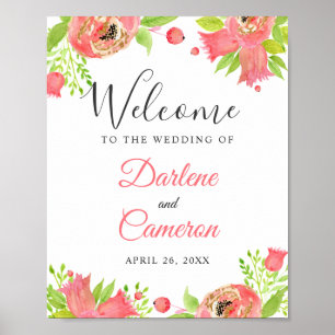 Bright Coral Pink Botanical Garden Wedding Sign