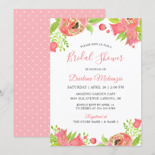 Bright Coral Pink Floral Garden Bridal Shower Invitation