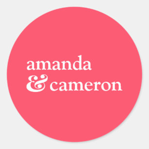 Bright Coral Simple Bride and Groom Names Logo Classic Round Sticker