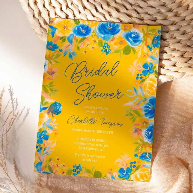 Bright country wild flowers script bridal shower invitation (Bright country wild flowers script bridal shower invitation on yellow)