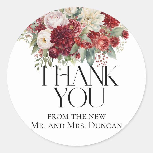 Bright Crimson Red Burgundy Flowers Thank You Classic Round Sticker (Front)