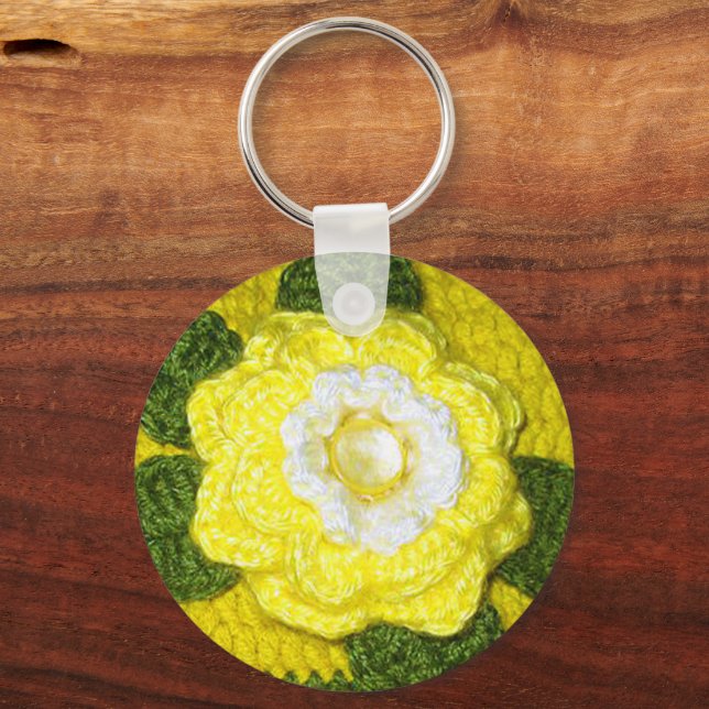 Bright Crystal Yellow Rose Green Crochet Print on Key Ring (Front)