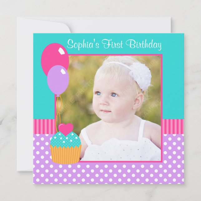 Bright Cupcake Polka Dot Girl 1st Birthday Photo Invitation (Front)