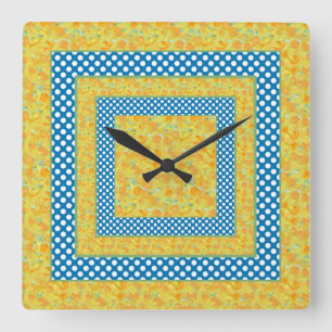 Bright Daffodils, Jumbo White Polka Dots on Blue Square Wall Clock
