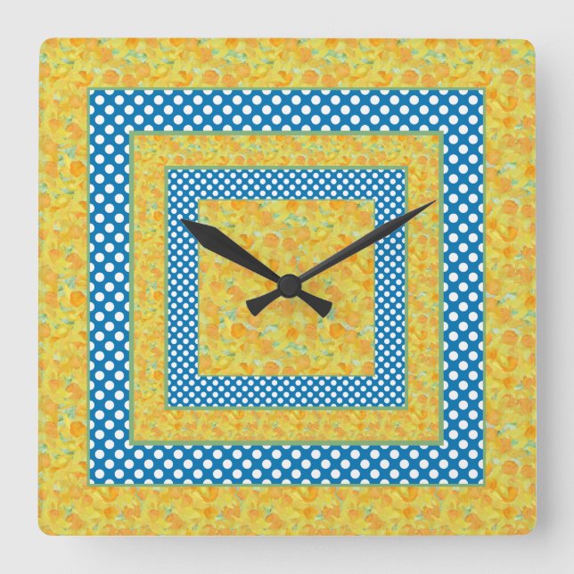 Bright Daffodils, Jumbo White Polka Dots on Blue Square Wall Clock (Front)