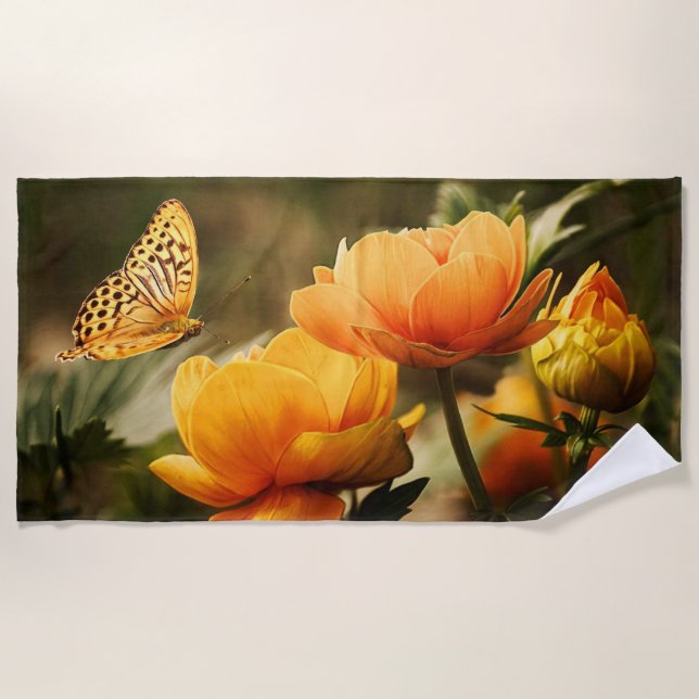 Bright Deep Yellow Flowers with Butterfly Beach Towel (Front)