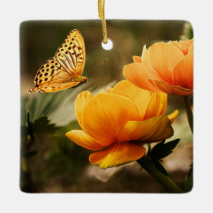 Bright Deep Yellow Flowers with Butterfly Ceramic Ornament