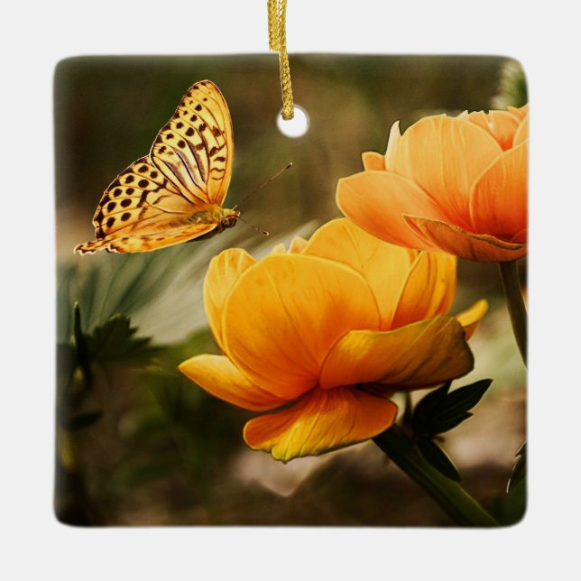 Bright Deep Yellow Flowers with Butterfly Ceramic Ornament (Front)