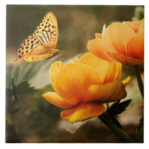 Bright Deep Yellow Flowers with Butterfly Ceramic Tile