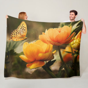 Bright Deep Yellow Flowers with Butterfly Fleece Blanket