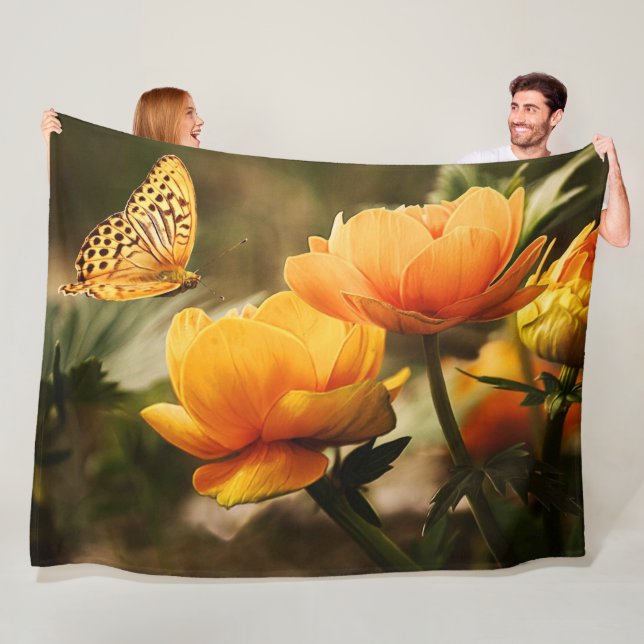 Bright Deep Yellow Flowers with Butterfly Fleece Blanket (In Situ)