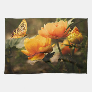 Bright Deep Yellow Flowers with Butterfly Tea Towel