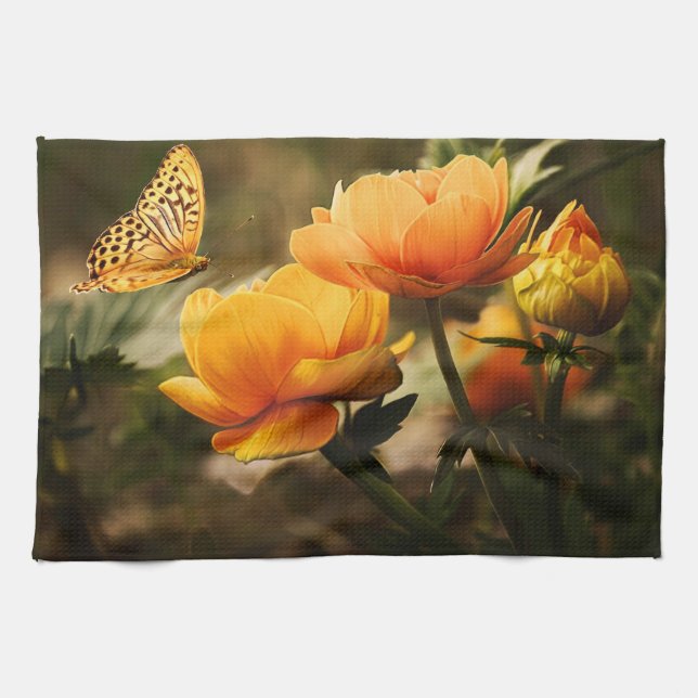 Bright Deep Yellow Flowers with Butterfly Tea Towel (Horizontal)