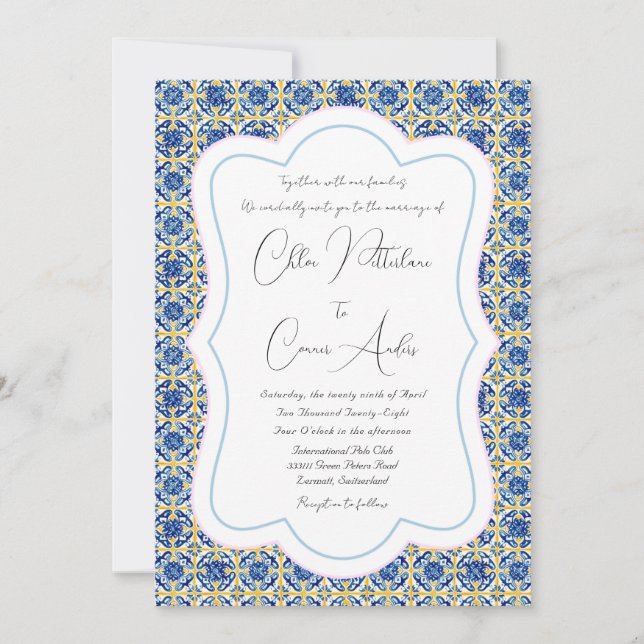 Bright Detailed Blue Tile Pattern Wedding Invitation (Front)
