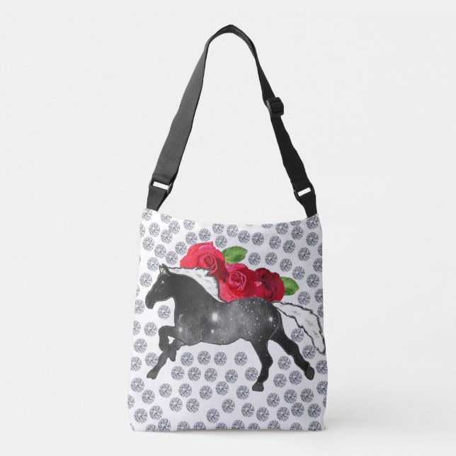 BRIGHT DIAMONDS RED ROSES UNIVERSE HORSE DESIGNER CROSSBODY BAG (Front)