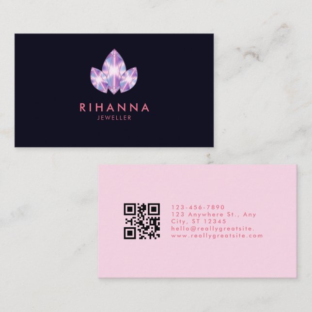 Bright Dimond Jeweller Pink Navy Minimal QR code  Business Card (Front/Back)
