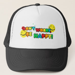 bright don't worry be happy face design trucker hat
