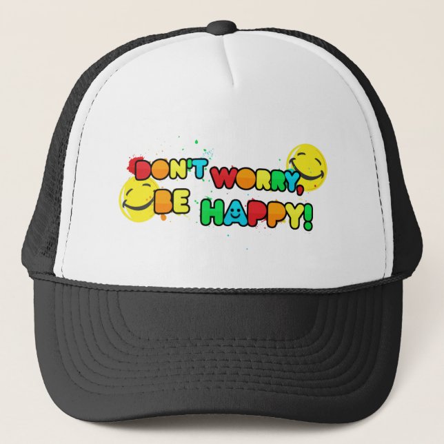 bright don't worry be happy face design trucker hat (Front)