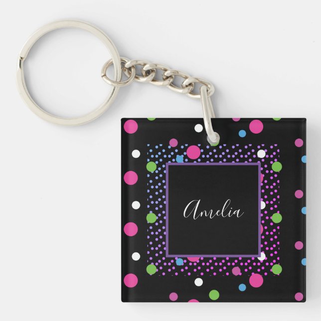 Bright Dots on Dot Pattern  Name Key Ring (Front)