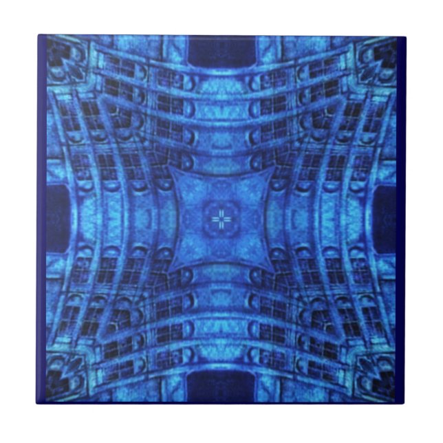 Bright electric blue abstract geometric art  ceramic tile (Front)