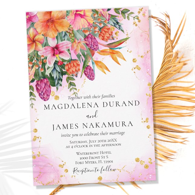 Bright Elegant Pink Orange Tropical Floral Wedding Invitation (Creator Uploaded)