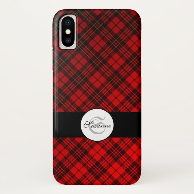 Bright Elegant Red Christmas tartan Monogram Case-Mate iPhone Case (Back)