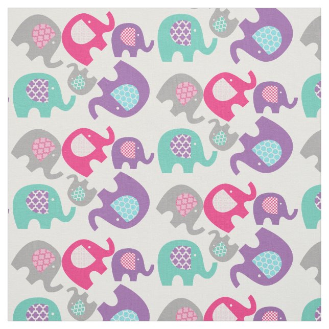 Bright Elephants on White Fabric (Swatch)