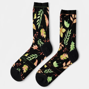 Bright Fall Leaves and Text on Black Socks