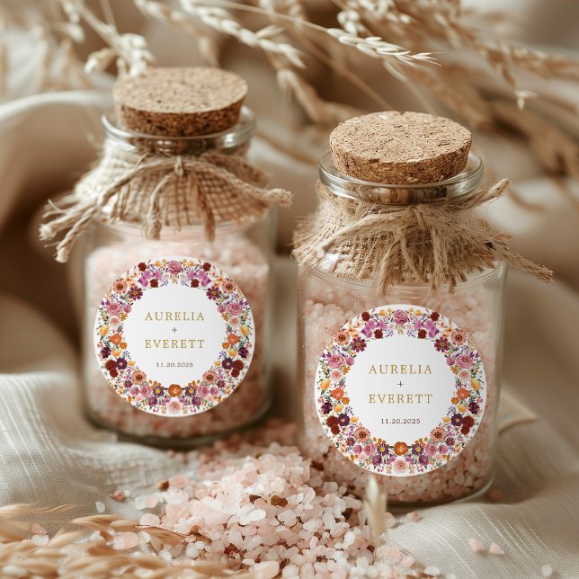 Bright Fall Wildflower Floral Wreath Wedding Classic Round Sticker (Creator Uploaded)