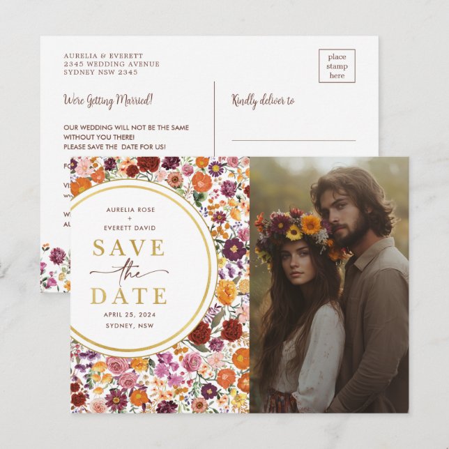 Bright Fall Wildflower Wedding Save the Date Photo Announcement Postcard (Front/Back)
