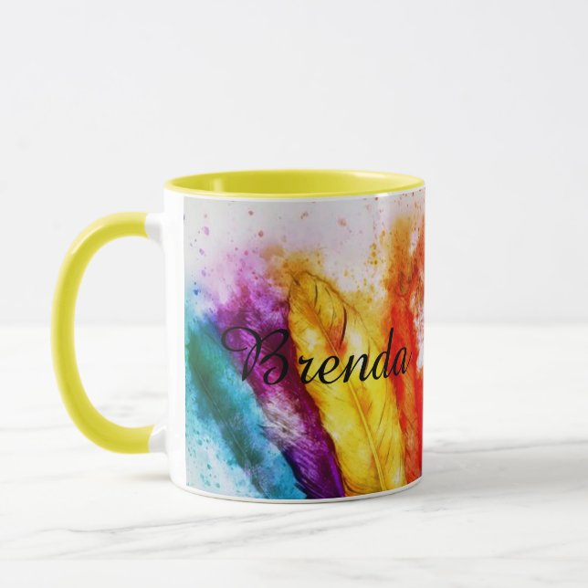 Bright feathers personalised mug (Left)