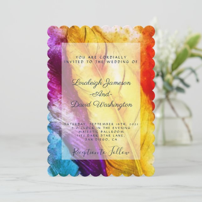 Bright feathers wedding invitation (Standing Front)