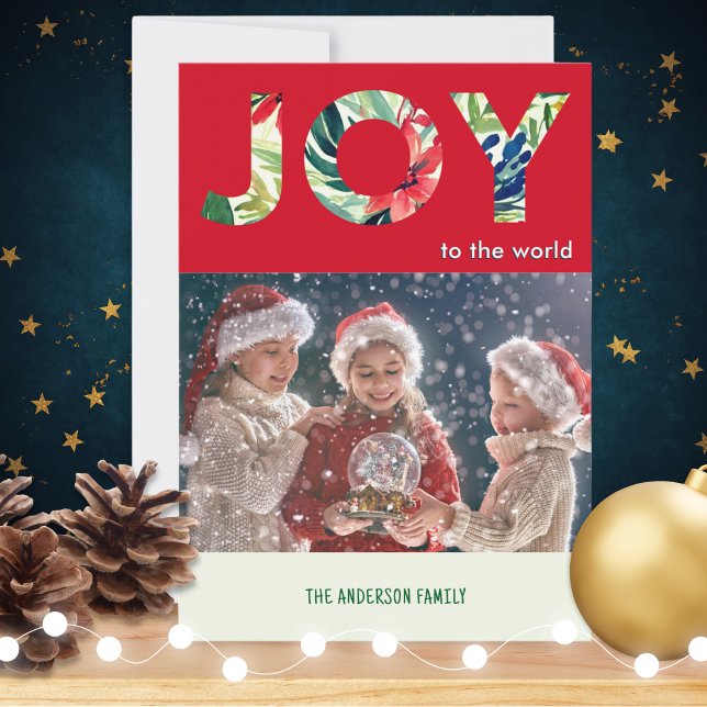 Bright Festive Joy To The World Merry Christmas Holiday Card (A modern Christmas card to personalize with a photo and name(s), with 'Joy to the world' wording)